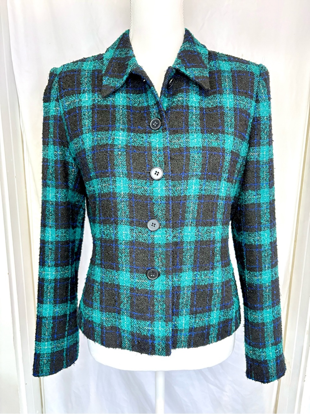 Vintage Kasper ASL Teal Plaid Tweed Button Front Structured Blazer Jacket 6